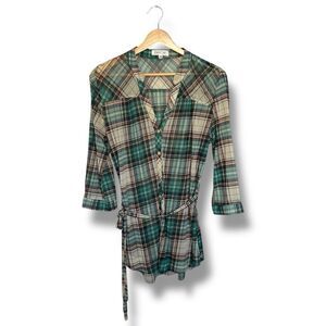 Eden & Olivia Women's Plaid Button-Down Shirt Green Size Small